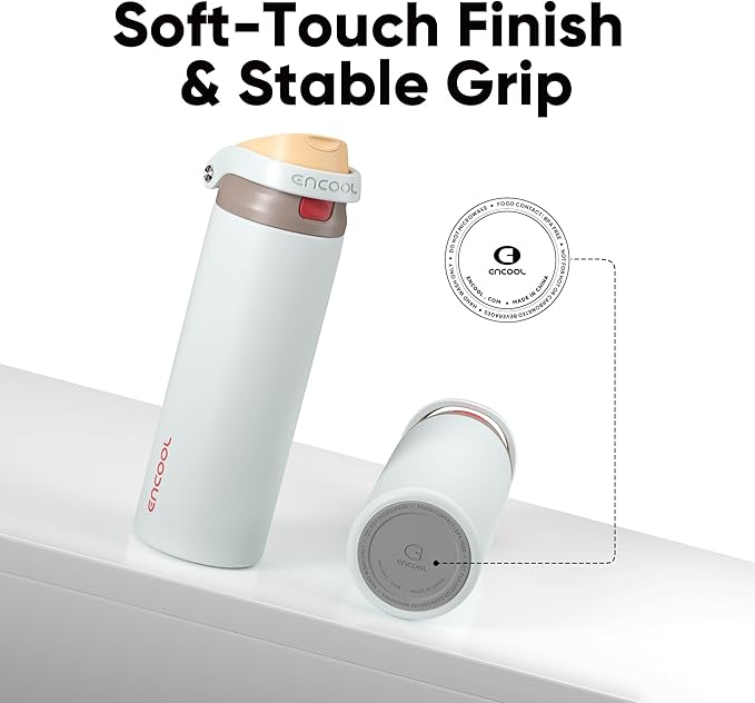 ENCOOL Leakproof Insulated Water Bottle with Straw Dual-Sip Water Bottle Bag-Safe Design for Work, Commute & Gym – Keeps Drinks Cold All Day, 18 oz, Clay Grey