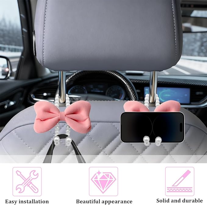 Car Seat Headrest Hook, 2PCS Elegant Bow Pearl Cute Vehicle Back Seat Hanger Hook, Automotive Headrest Storage Organizer for Handbag Purse Coat, Universal for SUV RV Truck (Pink)