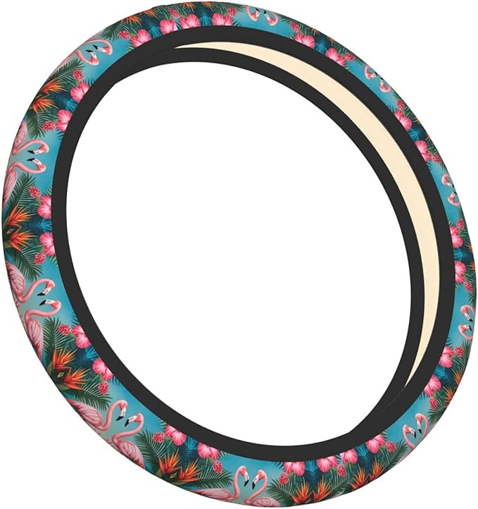 Flamingos Flower Palm Car Steering Wheel Cover, 15 Inch Steering Wheel Cover Stylish Decor for Most Cars