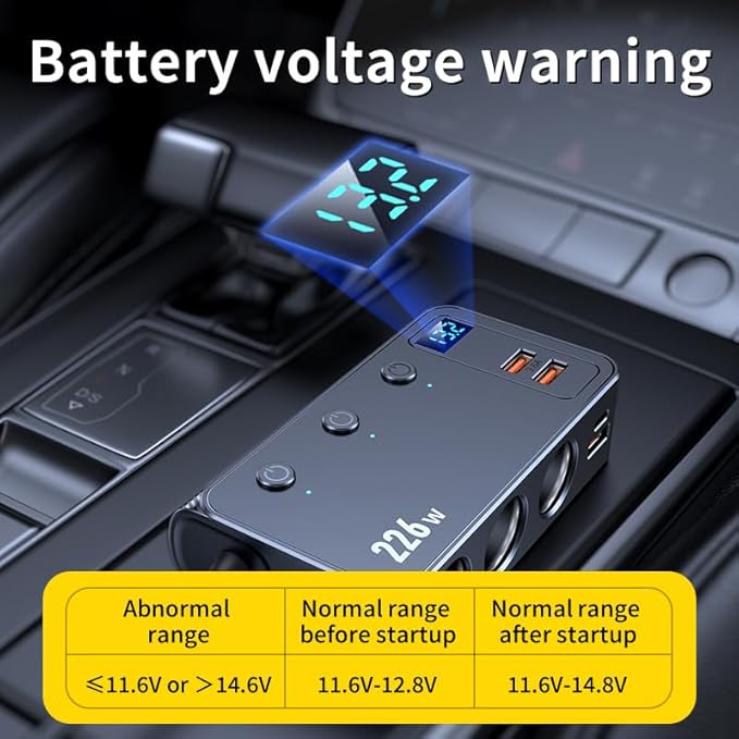 226W Car Charger Cigarette Lighter Splitter, 9-in-1 Multi-Port Car Power Adapter with 3 Sockets, Dual PD USB-C, 4 USB Ports, LED Voltmeter, Fast Charging for 12V–24V Vehicles