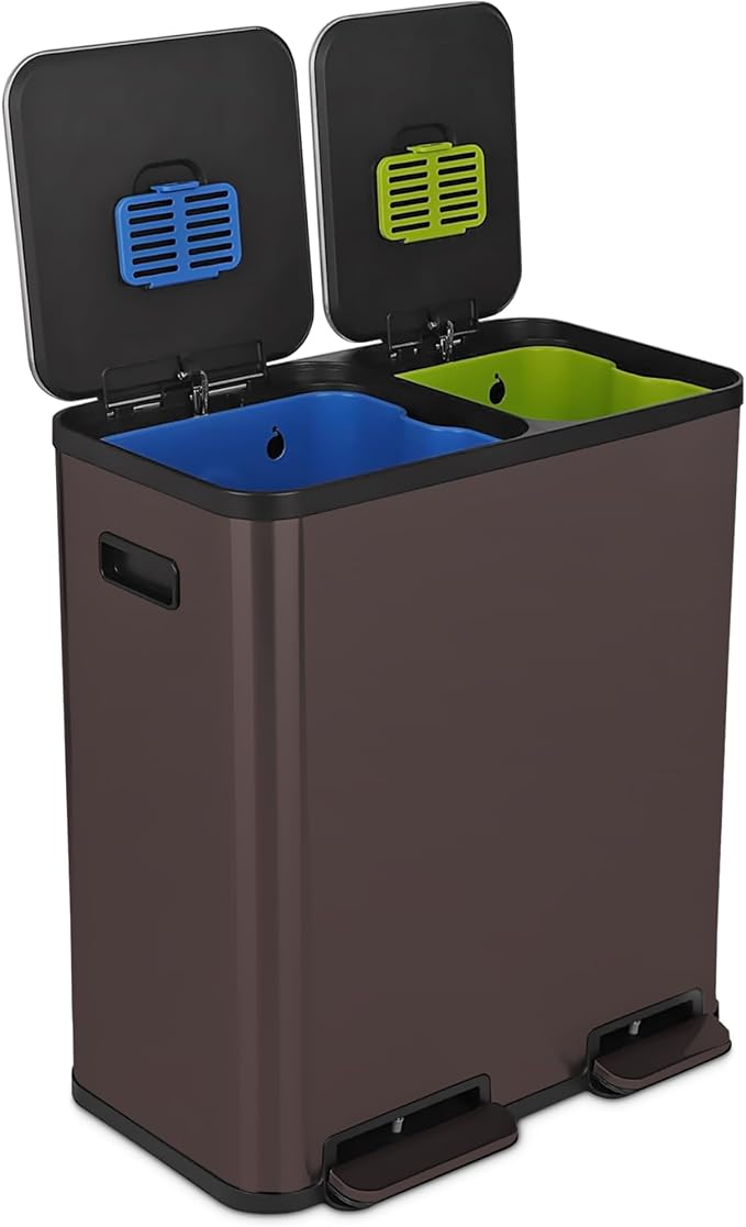 SIMPLI-Magic 18.5 Gallon (70L) Dual Compartment Kitchen Trash Can - Hands-Free Step Pedal, Soft-Close Lid, Stainless Steel Recycling Bin with Odor Filter (40L + 30L)