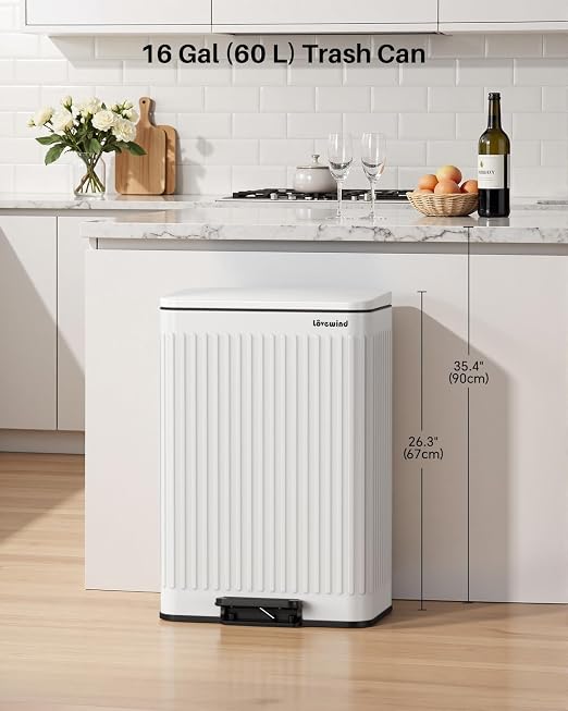 Lovewind 60 Liter/ 16 Gallon Stainless Steel Trash Can with Soft-Close Lid, Large Footstep Garbage Can with Roman Texture, Removable Inner Buckets, Recycling Bin for Kitchen Office, White