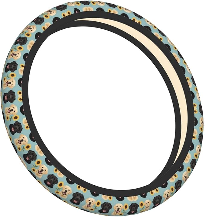 Neoprene Steering Wheel Cover Labrador Floral Sunflower Dog Car Steering Wheel Cover Universal Fit for Most Cars