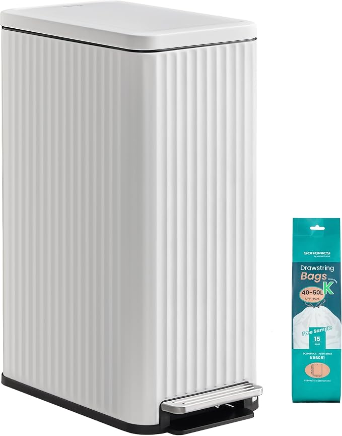 SONGMICS Trash Can, 13 Gallon (50 L) Slim Garbage Can for Kitchen, with Soft-Close Lid, Pedal, Removable Inner Bucket, Stainless Steel, 15 Trash Bags, Space-Saving, Cloud White ULTB350WZ01