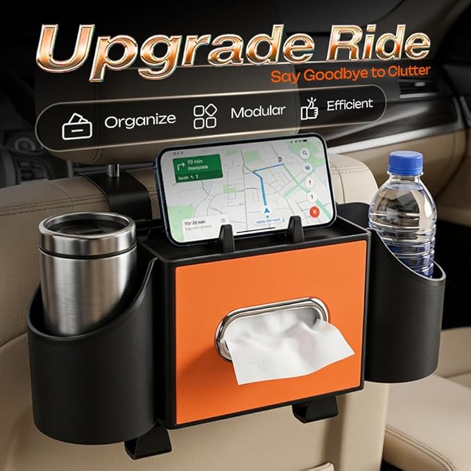 4-in-1 Car Backseat Organizer with Cup Holder, 2026 Upgraded Multifunctional Car Back Seat Organizer with Tissue Box, Trash Bin & Hooks for Hold Phones, Snacks, Drinks, and Handbags (Black)