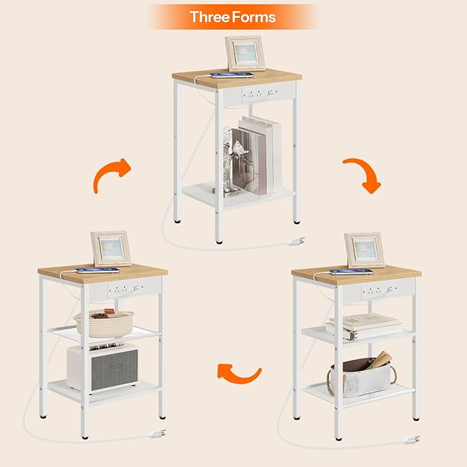 HOOBRO Side Table with Charging Station and USB Ports, Small End Table for Small Space, 3-Tier Nightstand with Adjustable Shelf, for Living Room, Bedroom and Balcony, Natural and White WN112BZ01