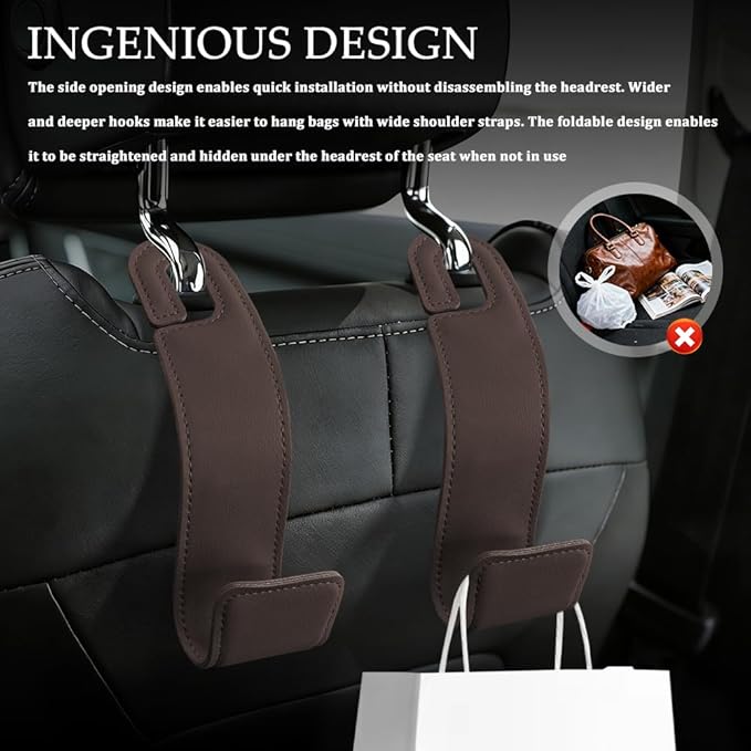 1PCS Purse Holder for Car, Purse Hook for Car, Leather Headrest Hooks for Automotive Back Seat, Auto Accessories Back Seat Organizer Hook for Grocery Bag Handbag Coat (Brown, 1PCS)