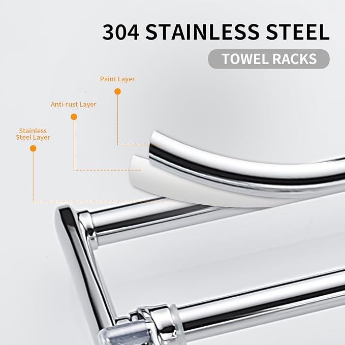 BESy 24 Inch Polished Chrome Towel Racks, Bathroom Towel Shelf with Foldable Towel Bar Holder and Towel Hooks, Wall Mounted Multifunctional Bathroom Accessories, Double Towel Bars