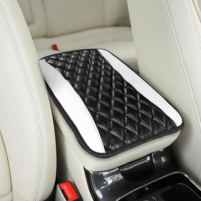 Car Center Console Cover, Comfortable PU Leather Vehicle Armrest Storage Box Cushion Pad, Anti-Scratch Automotive Interior Arm Rest Cover Protector, Universal for Truck SUV Sedan (White)