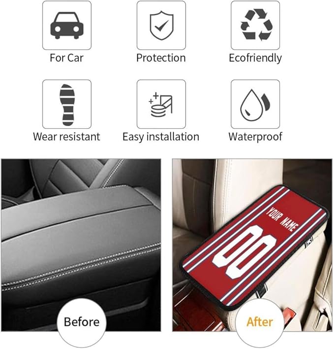 Custom Car Armrest Cover,Add Personalized Name and Number As Gifts for Loyal Football Fans,American Football Auto Center Console Pad Car handrail Box Cushion,Fit for Most Car Seat Box Cover Protector