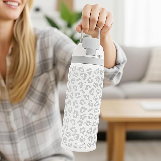 Leopard Print Insulated Stainless Steel Water Bottle with Straw for Sports and Travel, 32oz, Gifts for Women Girls Friends Teens Birthday Christmas (Grey)