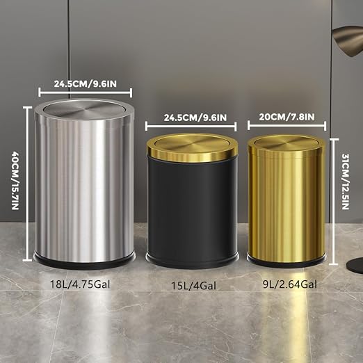 4.7 Gallon/18L Stainless Steel Bathroom Trash Can,Silver Garbage Bin with Swing Lid,Round,Elegant Waste Basket,for Toilet,Kitchen,Living Room,Hotel,Home (18L-Silver)