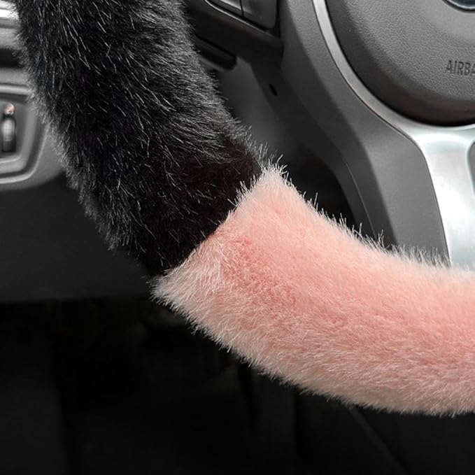 Car Steering Wheel Cover with Cat Ears Winter Warm Fuzzy Steering Wheel Protector Car Accessories Interior Decorations (Black+Pink)