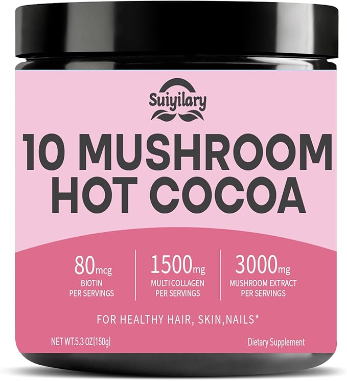 10 Mushroom Hot Cocoa, 1500mg Collagen, 80mcg Biotin, Sugar Free Keto Cocoa Powder, for Healthy Hair, Skin and Nails, 15 Servings