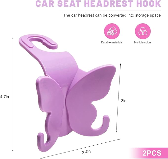 2 PCS Car Seat Headrest Hook, Butterfly Multipurpose Storage Hook Seat Back Purse Holder, Cute Butterfly Headrest Purse Hanger Interior Accessories for Car Truck SUV (Purple)
