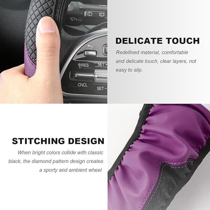 Car Steering Wheel Cover, 15 Inch Carbon Fiber Elastic Vehicle Steering Wheel Protector, Breathable Leather Auto Wheel Covers for Women Men, Interior Car Accessories (Black & Purple, AD)