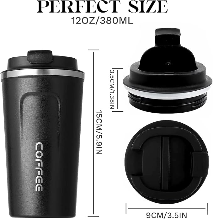 YINBAOGE Insulated Travel Coffee Mug, Spill & Leak Proof, Portable To Go Camping Stainless Steel Coffee Tumbler, Reusable Thermal Coffee Cup with Lid for Hot & Cold Drinks (2nd-Black, 12 OZ)