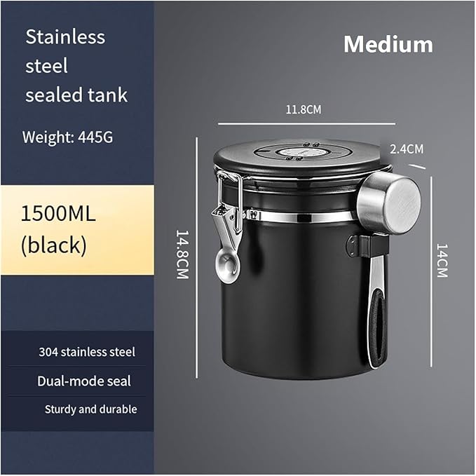 1200/1500/1800/2800ML Large Capacity Coffee Bean Vacuum Storage Container - Food-Grade Stainless Steel Airtight Canister With One-Way Air Valve For Grains, Tea, Nuts & Coffee Grounds(Silver,Medium)