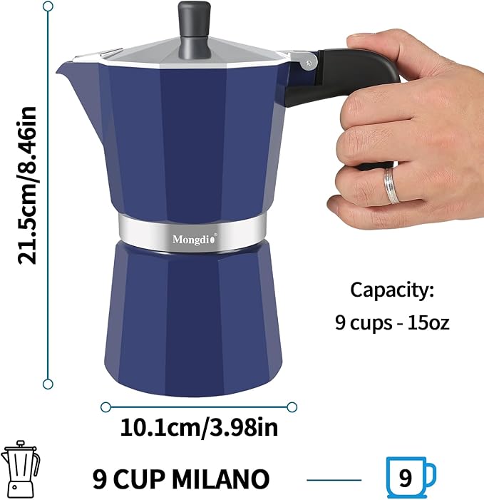 Mongdio Stovetop Espresso Maker Moka Pot, Stove Top Cuban Coffee Maker, Italian Greca Mocha Pot, 9 Espresso Cups, 15 oz - Blue