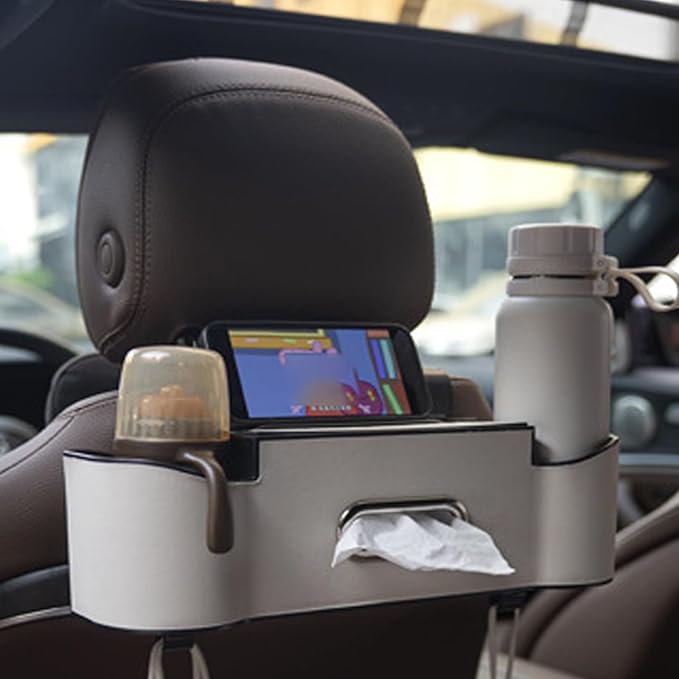 5-in-1 Car Backseat Organizer, 2026 Multifunctional Seat Back Storage Box with Cup Holder, Tissue Box, Phone Holder and 2 Hooks, Premium Leather Car Organizer for Tidy Car (White-1pc)
