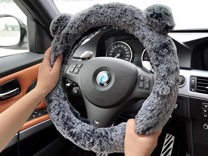 Fuzzy Steering Wheel Cover, Cute Fluffy Car Wheel Cover Women Bear Panda Ears 14.5" 15inch, Soft Warm Furry Plush Wool Fur Wheel Protector & Handbrake & Gear Shift Cover Set, Winter Warmer hands, Grey