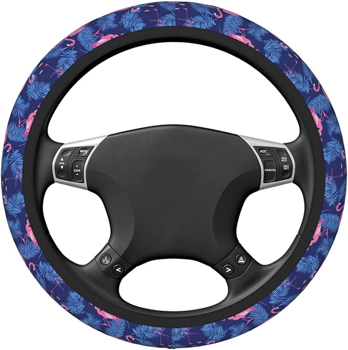 Pink Flamingos Palm Leaves Steering Wheel Cover for Women Men Girls, Accessories Decor Thickened Anti-Slip Auto Steering Wheel Covers Protector Universal Fit 15 Inch for Cars, Truck, SUV