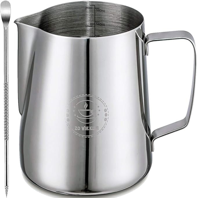 Milk Frothing Pitcher 20oz,Espresso Steaming Pitchers 600ml,Espresso Machine Accessories,Milk Frother cup 20 Oz, Coffee Cappuccino Latte Art,Stainless Steel Jug Cup with Decorating Art Pen