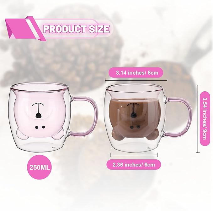 Patelai Cute Bear Tea Cup Double Wall Glass Milk Coffee Bear Mug with Handle Insulated Espresso Christmas Beer Cup Cute Birthday Gift for Women Men Valentine, 250 Ml/ 8. 4 oz(Pink,1 Piece)