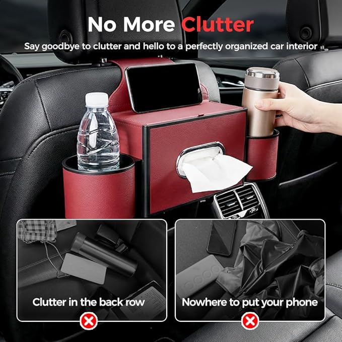 3-in-1 Car Backseat Organizer with Cup Holder, Tissue Box, Trash Bin & Hooks,Multifunctional Back Seat Car Organizer for Hold Phones,Snacks,Drinks,and Handbags (A-Orange)