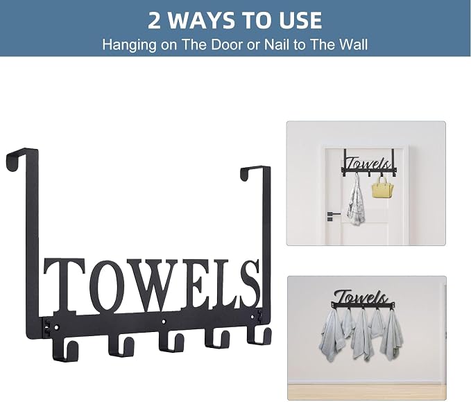 Azmoncy Over The Door Hooks, Towel Rack for Bathroom Towel Holder for Hanging Heavy Duty,Towel Hanger with 5 Hooks for Bedroom Bathroom Kitchen, Black