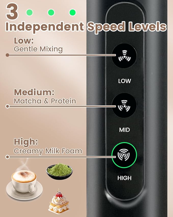 Rechargeable Electric Milk Frother Handheld, 3-Speed Wireless Preventing Splashing Drink Mixer with Stand, 10-Second Frothing for Coffee, Matcha, Latte, Cappuccino, and Protein Shakes, Black