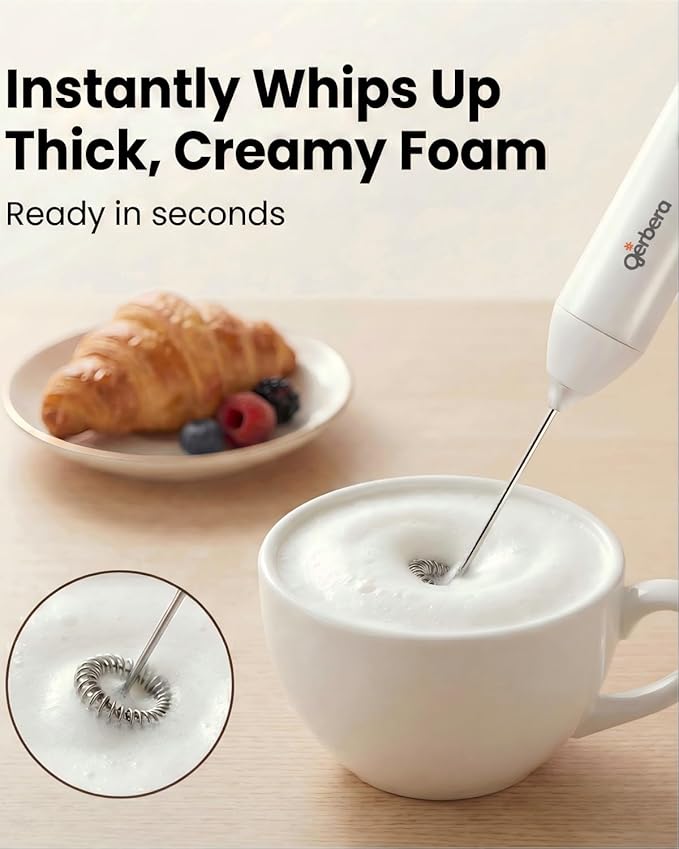 Gerbera Rechargeable Milk Frother Handheld,3 Speed Adjustable Electric Whisk Foam Maker, Handheld Drink Mixer, Frother Wand,Milk Foamer for Protein Powder, Drinks (White)