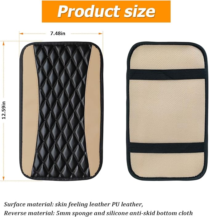 Car Center Console Pad, Universal Waterproof Armrest Seat Box Cover, 12.6" x 7.5" PU Leather Auto Armrest Protector, Car Interior Accessories Decor for Most Vehicles, Truck, SUV (Beige)