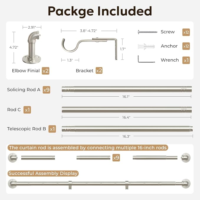 Zeerobee Curtain Rods for Windows 144 to 168, 1 Inch Industrial Wrap Around Brushed Nickel Curtain Rod, Indoor/Outdoor Room Divider Adjustable Drapery Pole, 144"-168"