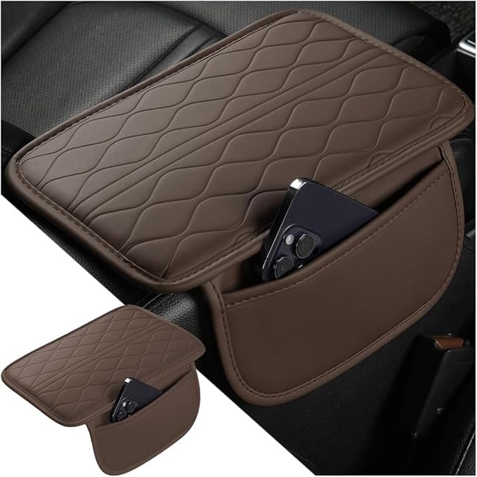 Car Center Console Cover, Leather Vehicle Arm Rest Protection Cushion with 2 Side Storage Bags, Auto Interior Armrest Storage Box Pad Accessories, Universal for SUV, Sedan, Truck (Coffee)