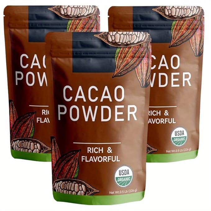 226g/3pack, Ultra-Fine Organic Cacao Powder 1lb - Rich Dark Chocolate Taste for Baking & Drinks, Non-Alkalized, Unprocessed, Non-GMO, Gluten-Free, Ideal for Healthy Recipes