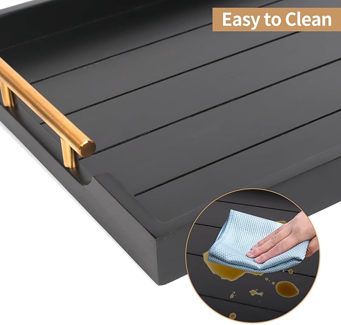 Coffee Table Trays - Large Ottoman Tray for Living Room -Wood Serving Tray with 2 Sets of Handles - Wooden Tray for Coffee Table, 4 Round Coasters Included, Black