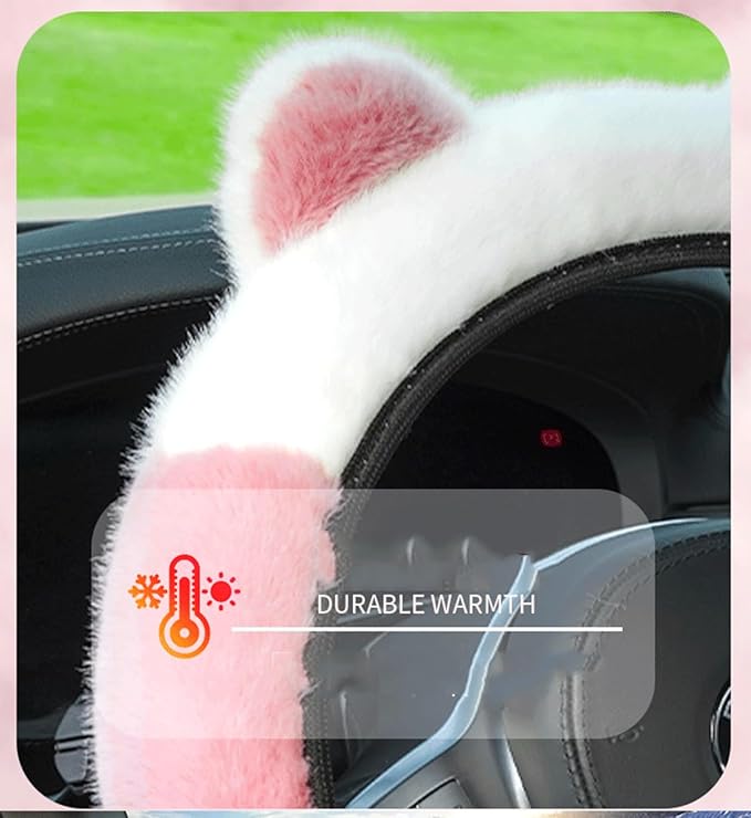 Car Steering Wheel Cover with Cat Ears Winter Warm Fuzzy Steering Wheel Protector Car Accessories Interior Decorations (Blue)