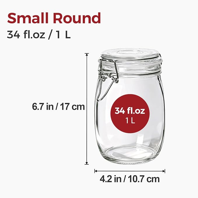 34oz 6 Pack Glass Jars with Airtight Lids - Round Food Storage Canisters for Pantry Organization, Ideal for Sugar, Cookies, Candy, Coffee, Nuts & Dry Goods | Thick Glass,BPA-Free