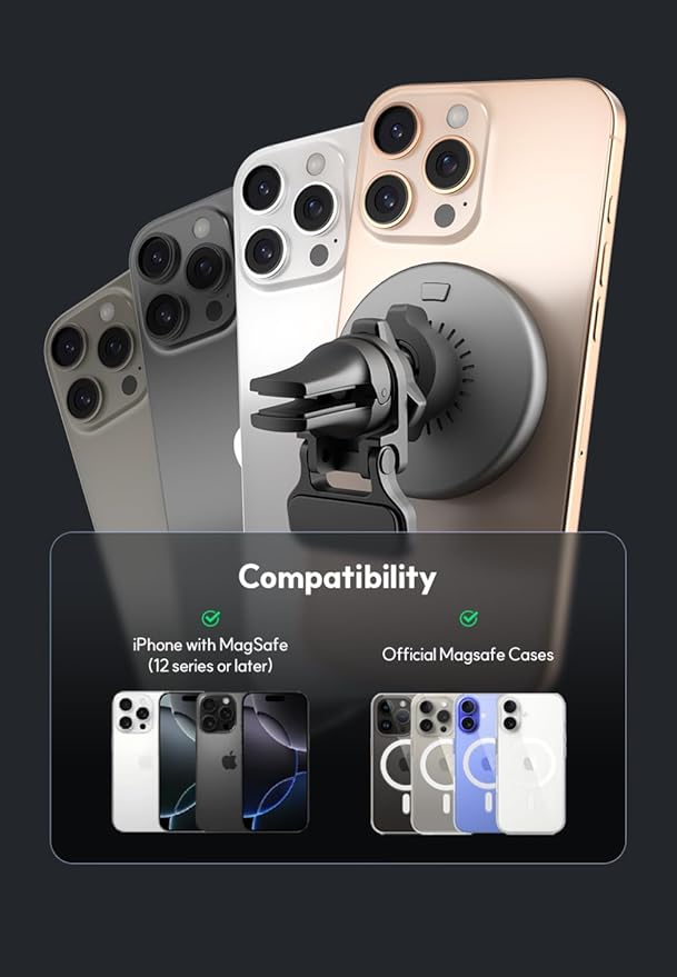 Qi2-Certified 15W The Mount Magsafe Compatible Car Mount Charger, Full Aluminum Body Air Vent Clip and 15W Adapter Included for iPhone 16/15/14/13/12 (Space Gray)