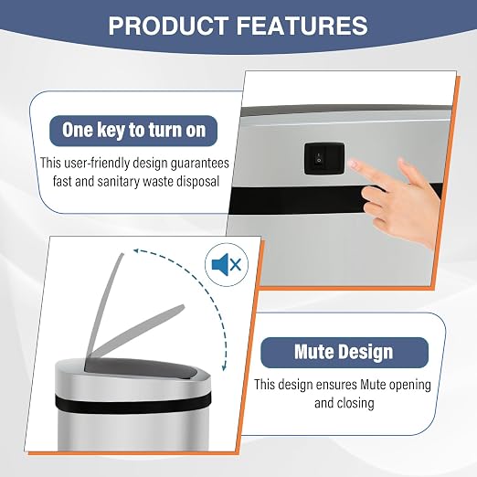 PayLessHere | 13 Gallon Stainless Steel Trash Can | Steel | Automatic Touchless Lid with Motion Sensor | Kitchen Garbage Can with Waterproof Design | for Home, Office, Bathroom | Pack of 1