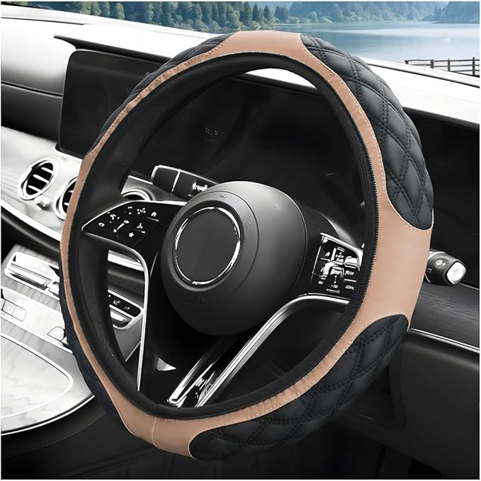 Car Steering Wheel Cover, 15 Inches Leather Steering Wheel Protector with Non-Slip Grip, Universal Wheel Covers Interior Decoration for Sedens Trucks SUVs, Car Accessories (Beige)
