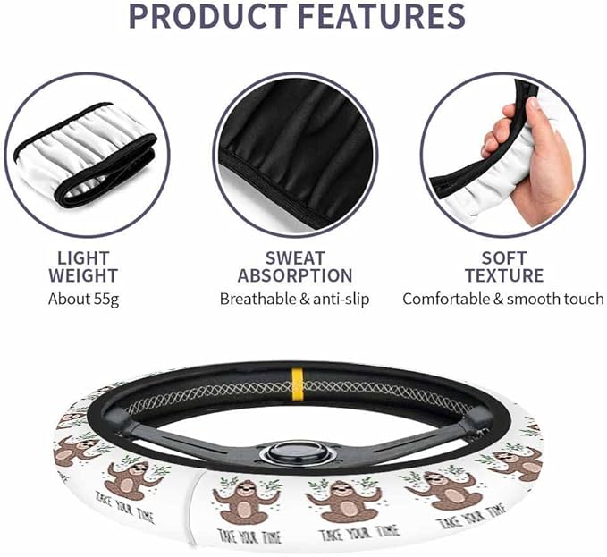 Sloth Elastic Steering Wheel Cover Cute and Green Leaves Steering Wheel Cover Anti Slip Protective Case Universal Stretch Steering Protector