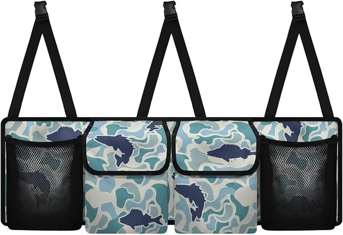 CLOHOMIN Blue Fish Camo Backseat Car Organizer Hanging Cargo Storage Organizer with 4 Pockets Car Seatback Organizer for Most Vehicle Car Interior Accessories