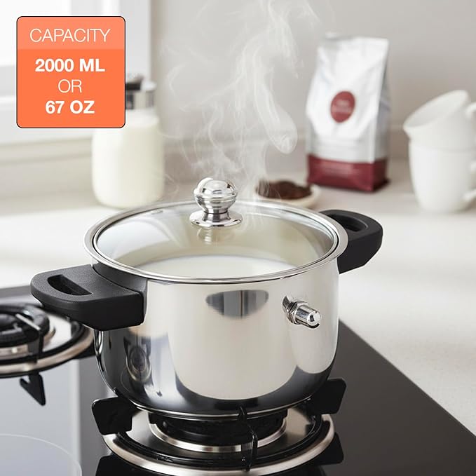 See Through lid Milk Boiler 67 oz/2000 ml Pot, Stainless Steel Double Wall Milk Cooker with Whistle and Funnel, Silver