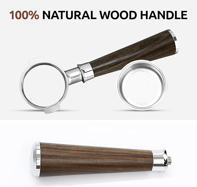 58mm Bottomless Portafilter,Stainless Steel Portafilter 2 Ears for 58-Gaggia Machines-Not suitable with E61 groupheads,with Walnut Handle & Filter Basket(58mm compatible withGaggia/2 Ears)