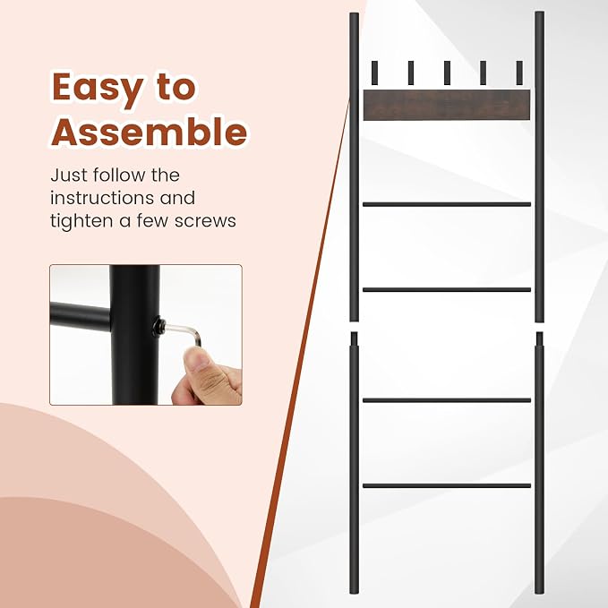 S AFSTAR Wall Leaning Blanket Ladder, 5-Tier Ladder Shelf with 5 Removable Hooks, Industrial Blanket Holder Rack, Drying and Display Rack for Bathroom, Living Room, Entrance, Rustic Brown