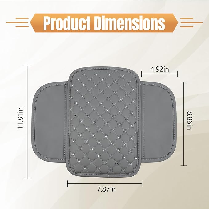 wuyaoyao Bling Car Center Console Cover, 11.81"×7.87" Leather Auto Arm Rest Cover Protector with 2 Storage Bags, Vehicle Crystal Rhinestone Armrest Cushion Pad, Interior Car Accessories (Gray)