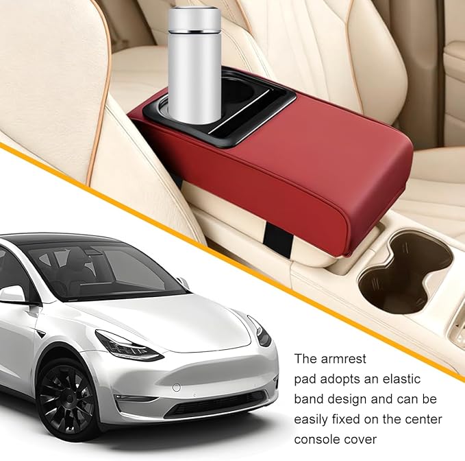 Car Center Console Armrest Pillow, Leather Vehicle Middle Console Protection Cushion with Cup & Phone Holder, Waterproof Automotive Arm Rest Box Cover Accessories, Universal Fit (Wine Red)