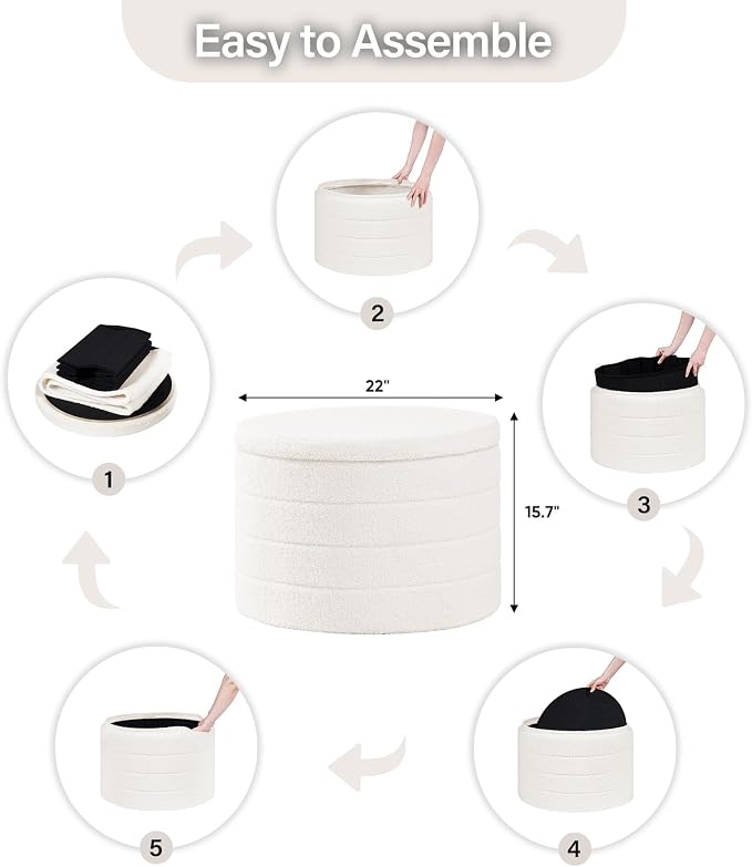 B FSOBEIIALEO Ottoman with Stroage, Round Sherpa Storage Ottoman Stool, Boucle Foot Rest22 x 22"x15.75" (White)